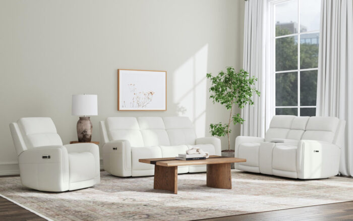 Alister Porcelain Leather Power Gliding Loveseat with Console, Power Headrests & Lumbar - Image 3